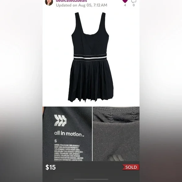 All in Motion Womens Preppy Tennis Dress Small Black Shelf Bra Shorts Activewear - Picture 2 of 3